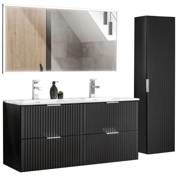 Szafka z Podwójną Umywalką 120 cm Mat ADEL Black 1 Aranżacja Srebrne Uchwyty
