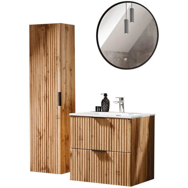Szafka z Umywalką 80 cm Łazienkowa Wisząca ADEL OAK 2 Aranżacja na Białym Tle