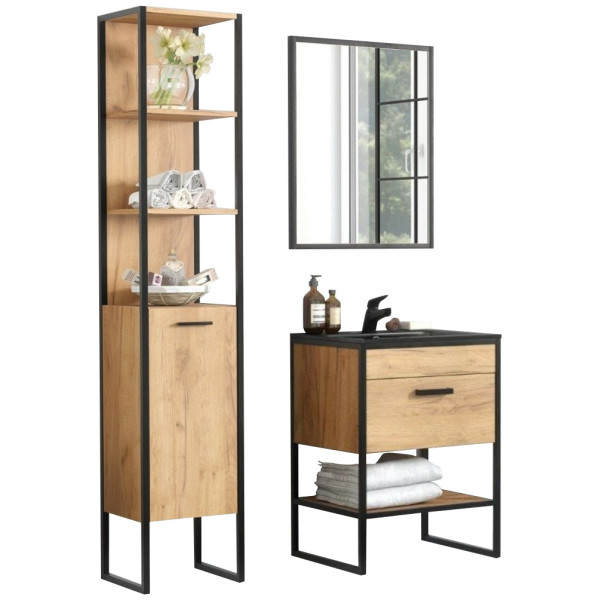 Szafka Łazienkowa z Umywalką 60 cm Stojąca Loft Industrialna BROOKLIN 3 Aranżacja na Białym Tle