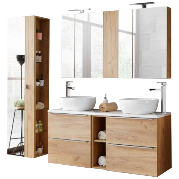 Podwójna Umywalka z Szafką 140 cm CAPRI OAK 3 Aranżacja na Białym Tle