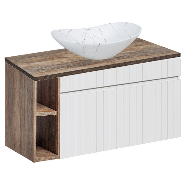 Szafka z Umywalką i Regałem 100 cm Ryflowana ICONIC WHITE 8 Front Lewy