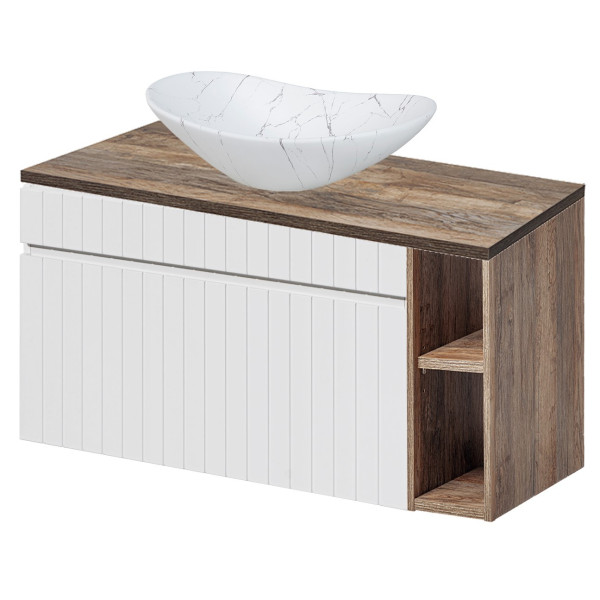 Szafka z Umywalką i Regałem 100 cm Ryflowana ICONIC WHITE 8 Front Prawy