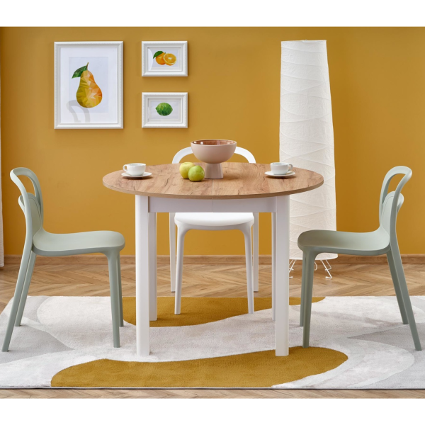 Stół Rozkładany Okrągły 102-142x102cm RINGO Dąb Craft Biały Aranżacja