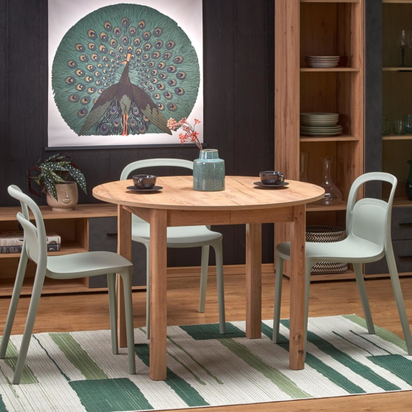 Stół Okrągły Rozkładany 102-142x102cm RINGO Dąb Craft Aranżacja 3 Krzesła dookoła Stołu w Salonie