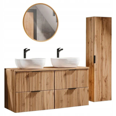 Zestaw Mebli Łazienkowych Szafka z Podwójną Umywalką 120 cm Dąb Wotan Ryflowana ADEL OAK Comad