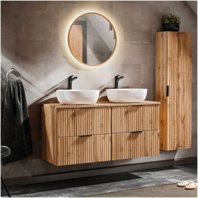 Zestaw Mebli Łazienkowych Szafka z Podwójną Umywalką 120 cm Dąb Wotan Ryflowana ADEL OAK Comad