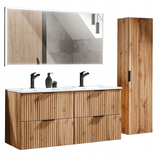 Zestaw Mebli Łazienkowych Szafka z Podwójną Umywalką 120 cm Dąb Wotan Ryflowana ADEL OAK Comad