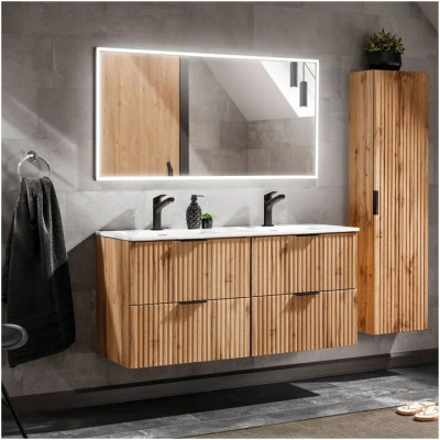 Zestaw Mebli Łazienkowych Szafka z Podwójną Umywalką 120 cm Dąb Wotan Ryflowana ADEL OAK Comad