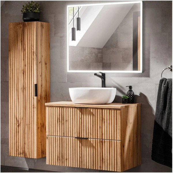 Nowoczesna Ryflowana Szafka Łazienkowa z Umywalką 80 cm Dąb Wotan ADEL OAK Comad