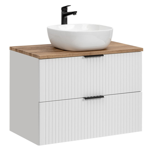 Szafka z Umywalką 80 cm z Blatem Dąb Wotan Biały Ryflowana Nowoczesna Matowa ADEL WHITE Comad