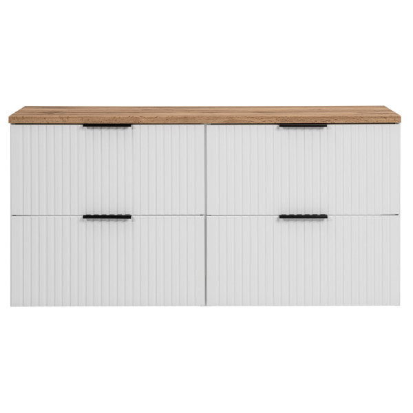 Duża Szafka Pod Umywalkę z Blatem 120 cm do Łazienki Ryflowana Biała Dąb Wotan ADEL WHITE Comad