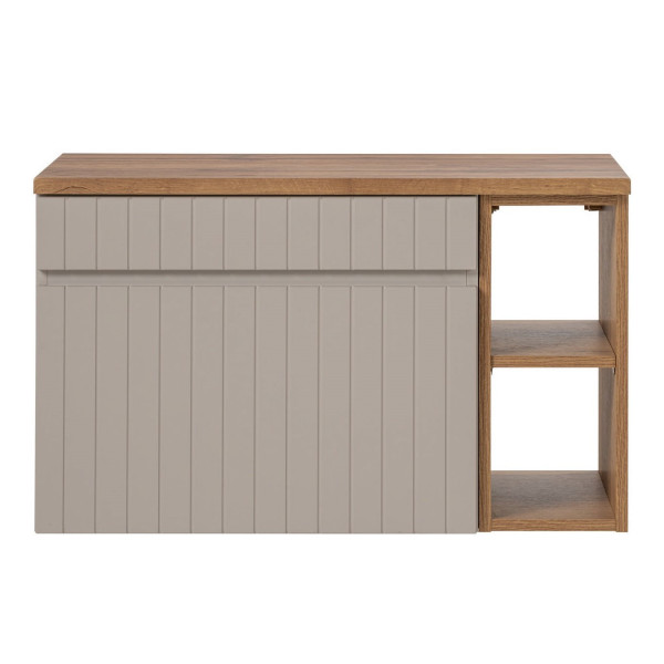 Nowoczesna Szafka pod Umywalkę 80 cm z Regałem z Blatem Dąb Evoke Coast Ryflowana Beżowa ICONIC CASHMERE Comad