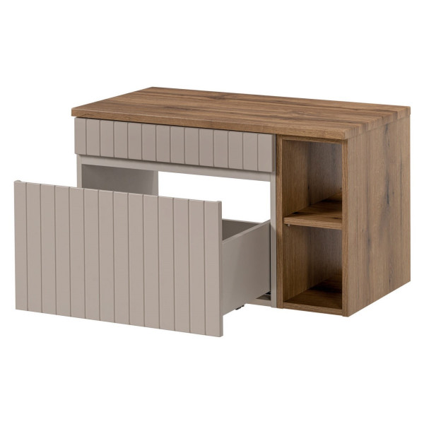 Nowoczesna Szafka pod Umywalkę 80 cm z Regałem z Blatem Dąb Evoke Coast Ryflowana Beżowa ICONIC CASHMERE Comad