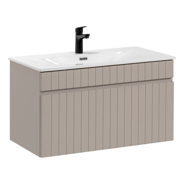 Beżowa Szafka z Umywalką 80 cm z Szufladą Ryflowana Matowa ICONIC CASHMERE Comad