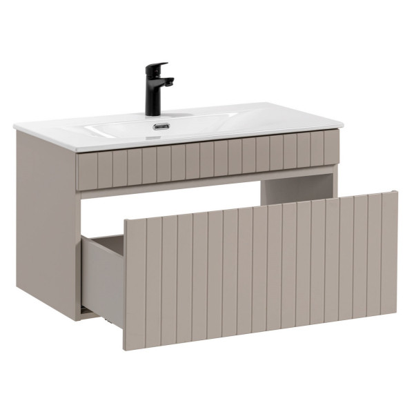 Beżowa Szafka z Umywalką 80 cm z Szufladą Ryflowana Matowa ICONIC CASHMERE Comad
