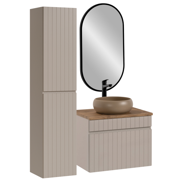 Nowoczesne Meble do Łazienki Ryflowane Beżowe Matowe Szafka z Umywalką 60 cm Słupek Lustro ICONIC CASHMERE Comad