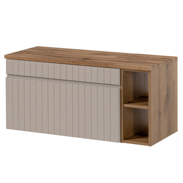 Nowoczesny Zestaw Mebli Łazienkowych Szafka z Umywalką 100 cm Słupek Lustro LED Beżowe Dębowe ICONIC CASHMERE Comad
