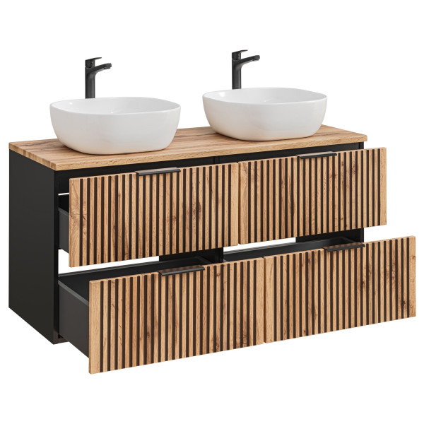 Łączona Szafka z Umywalką Nablatową 120 cm do Łazienki Loft Czarny Dąb Wotan Nowoczesny XILO Comad
