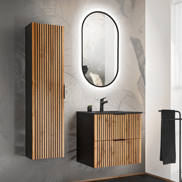 Meble Łazienkowe 60 cm Ryflowany Komplet Mebli z Umywalką Nowoczesny Czarny Dąb Wotan XILO Comad
