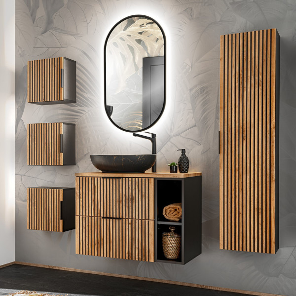 Zestaw Mebli Łazienkowych 80 cm Ryflowane Meble do Dużej Łazienki Loft Lamele Czarny Dąb Wotan XILO Comad