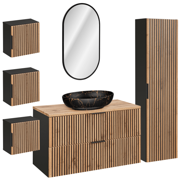 Nowoczesne Meble Łazienkowe z Umywalką 100 cm Dąb Wotan Lamelki Ryflowane do Łazienki Loft XILO Comad