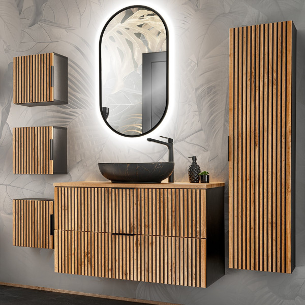 Nowoczesne Meble Łazienkowe z Umywalką 100 cm Dąb Wotan Lamelki Ryflowane do Łazienki Loft XILO Comad