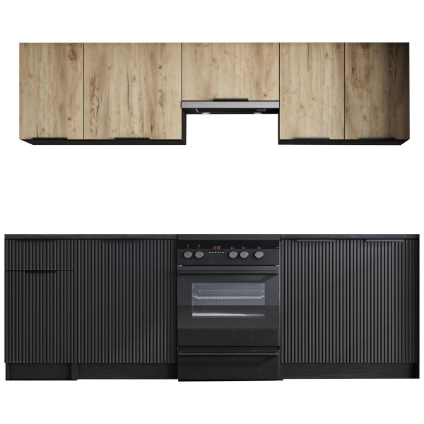 Zestaw Mebli Kuchennych 240 cm EMMA Dark Carbon Wood Dąb Artisan Czarny