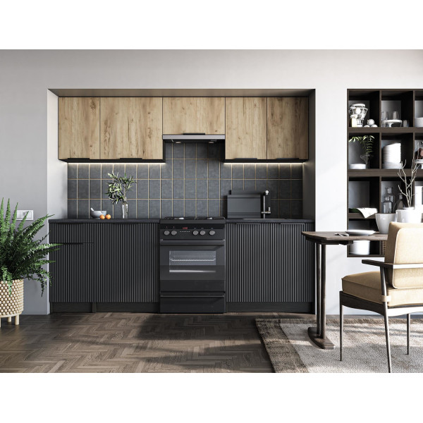 Zestaw Mebli Kuchennych 240 cm EMMA Dark Carbon Wood Dąb Artisan Czarny Aranżacja Kuchni
