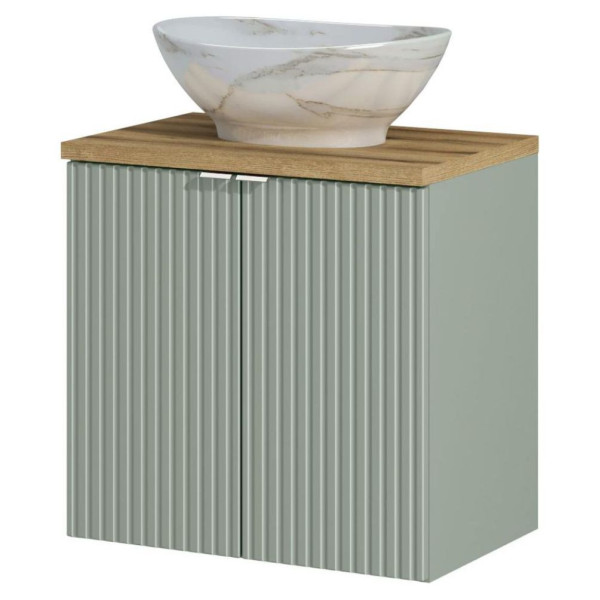 Szałwiowa Szafka z Umywalką Nablatową 60 cm Ryflowana 2 Drzwiowa Nowoczesna Zielona LINE REED GREEN Comad
