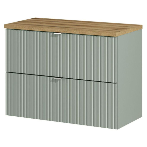 Zielona Szafka pod Umywalkę z Blatem 80 cm do Łazienki Boho Ryflowana z Szufladami Szałwiowa LINE REED GREEN Comad