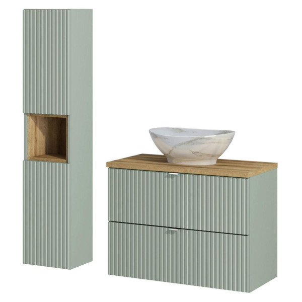 Zestaw Mebli Łazienkowych 80 cm Ryflowany z Regałem Nowoczesna Szałwiowa Zieleń LINE REED GREEN Comad