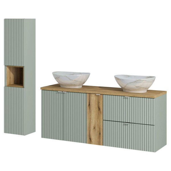 Meble Łazienkowe 140 cm Nowoczesne z Umywalką do Łazienki Ryflowana Szałwiowa LINE REED GREEN Comad