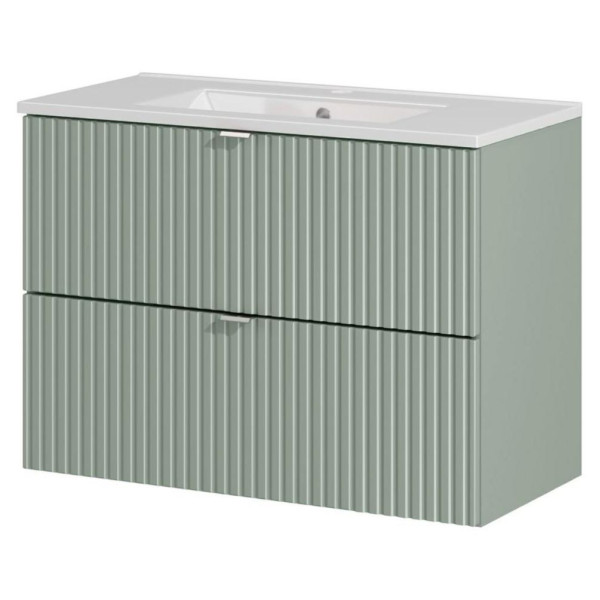 Ryflowana Szałwiowa Szafka z Umywalką 80 cm z Szufladami do Łazienki Pastelowa Zieleń LINE REED GREEN