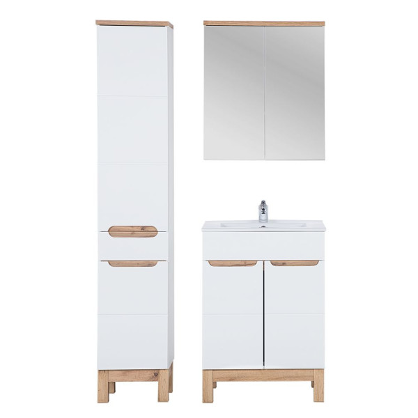 Zestaw Mebli Łazienkowych 60 cm z Lustrem Nowoczesny Komplet Skandynawska Biel Połysk BALI WHITE Comad