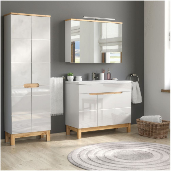Nowoczesne Meble Łazienkowe 100 cm Nowoczesny Komplet Alpejska Biel Połysk BALI Comad