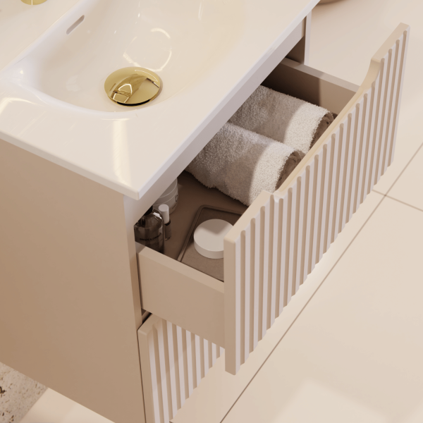 Beżowa Szafka pod Umywalkę 60 cm Wisząca z Szufladami Ryflowana Matowa Kaszmirowa NOVA CASHMERE Comad