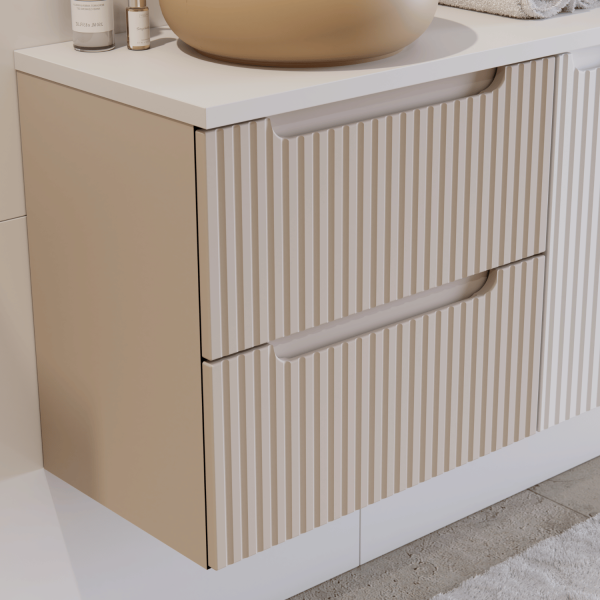 Beżowa Szafka pod Umywalkę 60 cm Wisząca z Szufladami Ryflowana Matowa Kaszmirowa NOVA CASHMERE Comad