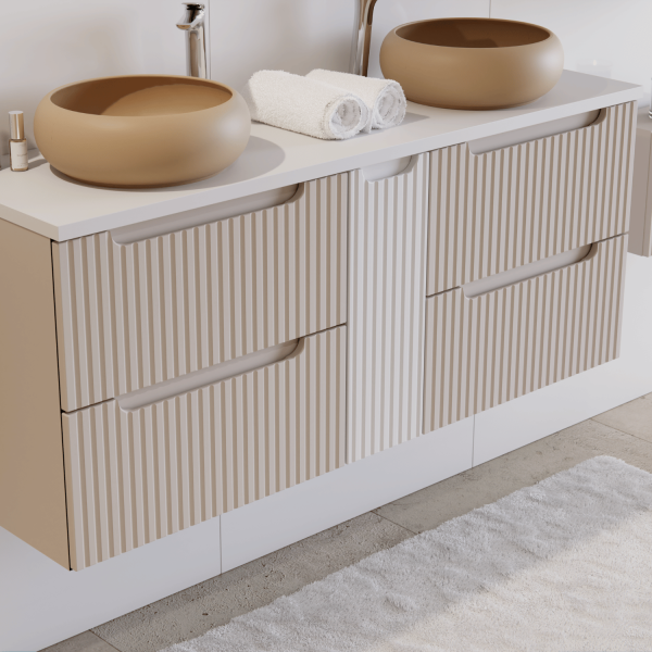 Beżowa Szafka pod Umywalkę 60 cm Wisząca z Szufladami Ryflowana Matowa Kaszmirowa NOVA CASHMERE Comad