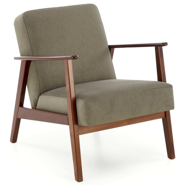 Fotel Drewniany Tapicerowany MILANO 1S Oliwkowy Prawy Front