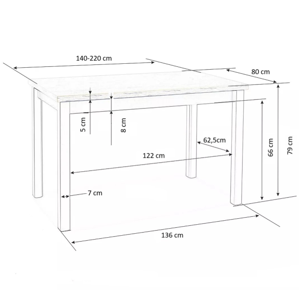 Stół Rozkładany 90-125x90 TIAGO Dąb Craft Czarny Wymiary
