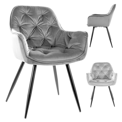 Pikowane Krzesło Tapicerowane Z Podłokietnikami Welurowe do Salonu Jadalni Szare VELLA