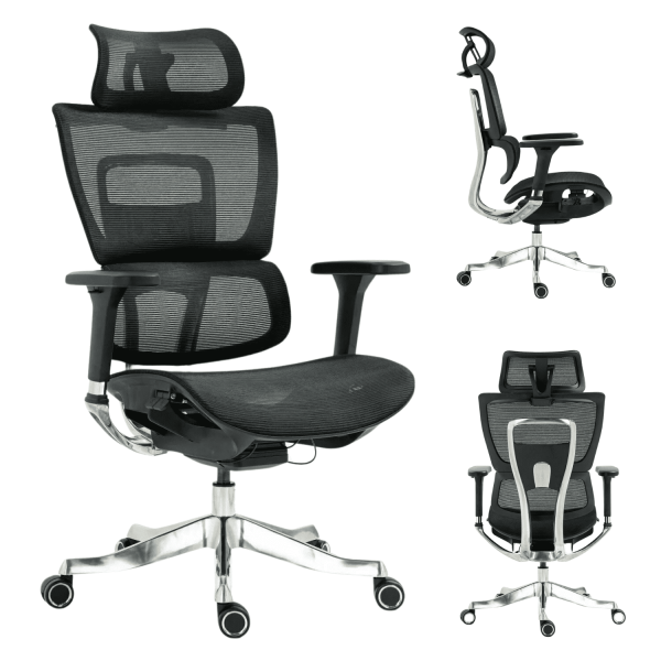 Ergonomiczny Fotel Biurowy Obrotowy do Komputera Biurka Siatka Czarny Aluminiowy VICTORY+