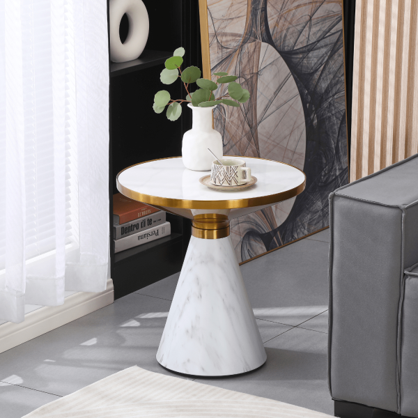 Nowoczesny Stolik Kawowy Okrągły Ceramiczny Marmurowy do Salonu Glamour Złoty Biały Marmur TALBI