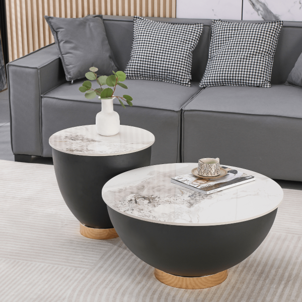 Nowoczesny Stolik Kawowy Okrągły Biały Marmur Czarny Ceramiczny ze Schowkiem do Salonu CYPRUS