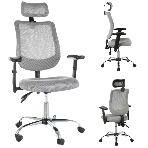 Tapicerowany Fotel Biurowy Ergonomiczny Obrotowy do Biurka Gabinetu Biura Siatka Szary TROX