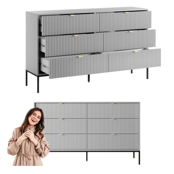 Komoda do Salonu Ryflowana Metalowe Nogi z Szufladami Szary Mat Nowoczesny NOVA