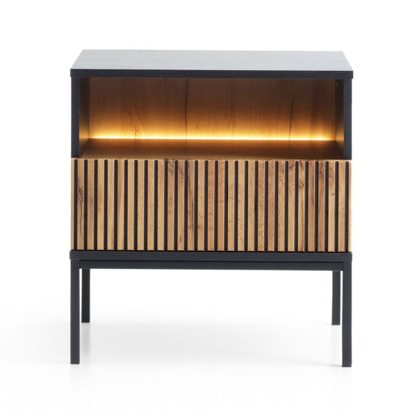 Ryflowana Szafka Nocna do Sypialni z Szufladą ze Światłem Led Nowoczesny Dąb Wotan SENTO
