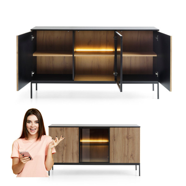 Ryflowana Komoda do Salonu Laminowana Led Trzydrzwiowa Metalowe Nogi Dąb Wotan SENTO