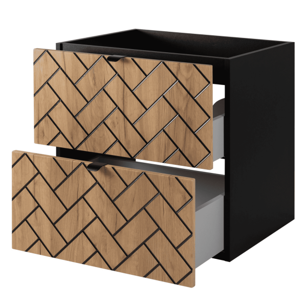 Szafka 60 cm pod Umywalkę Dębowa TREND Prawy Front Otwarte Szuflady Czarne Uchwyty