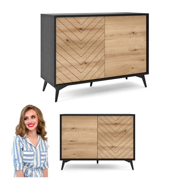 Komoda Dwudrzwiowa z Wzorem Jodełki do Salonu Dąb Evoke Laminowana Czarna DIAMOND